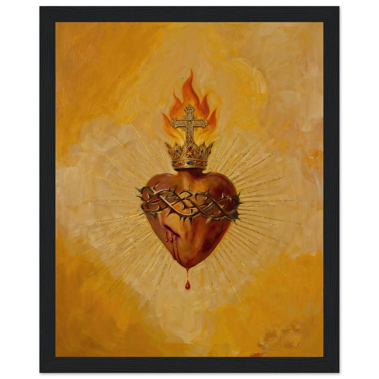 Sacred Heart of Jesus Catholic wall art in a natural wood frame