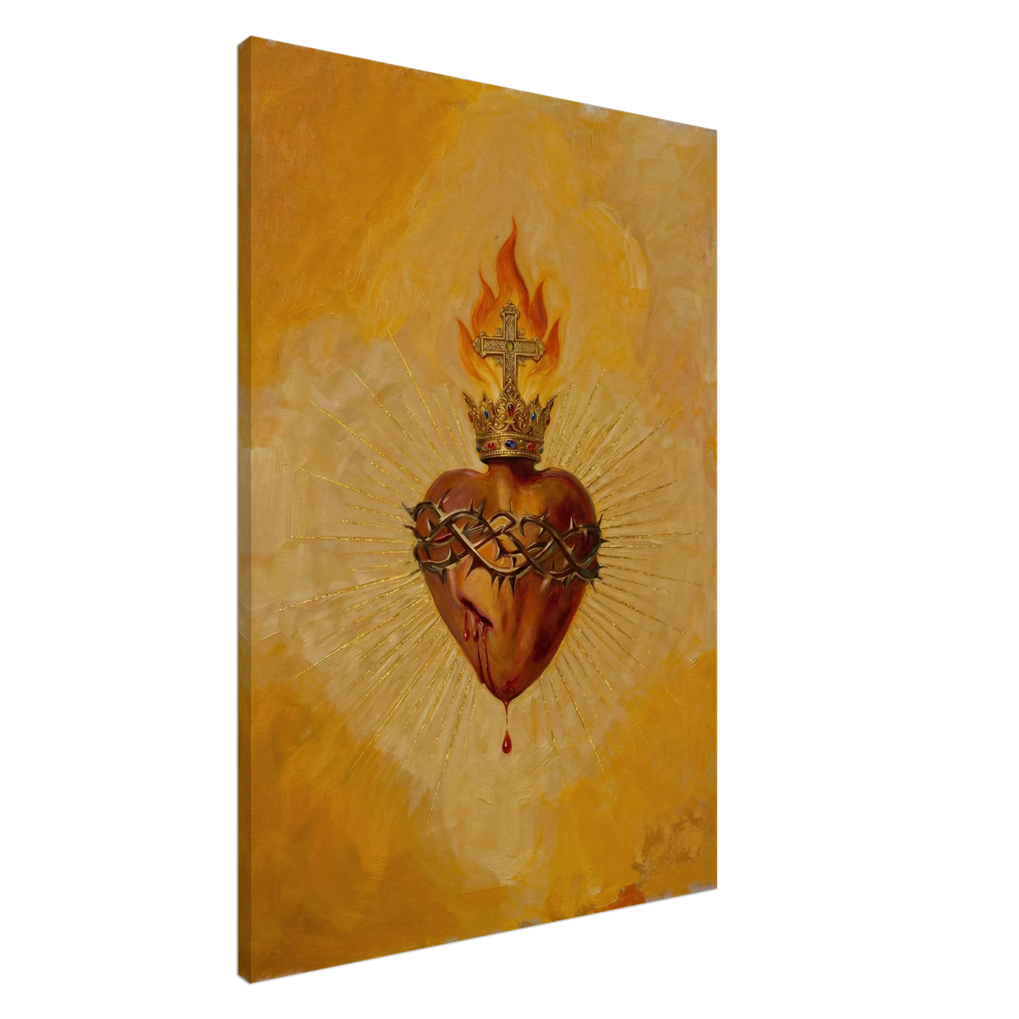 Sacred Heart of Jesus Catholic wall art above a console table