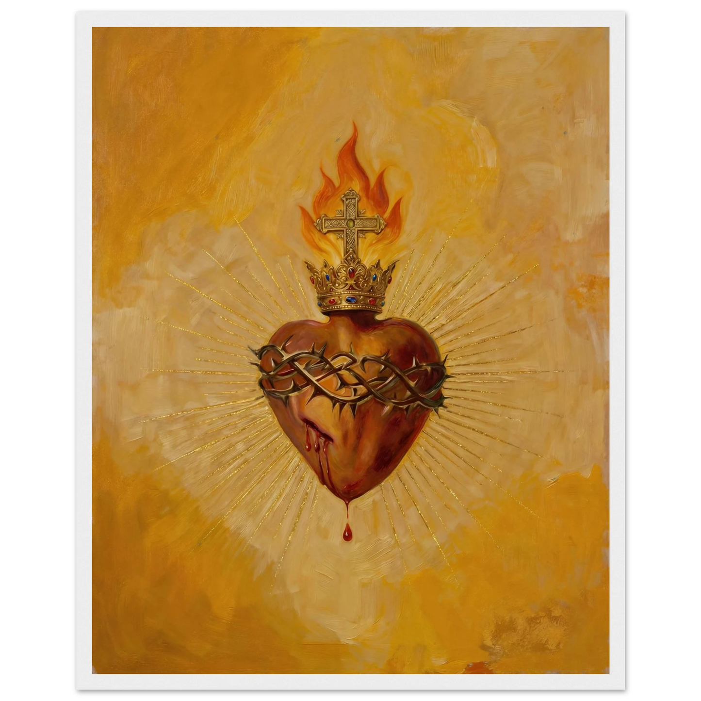 Sacred Heart of Jesus Catholic wall art hanging above a sofa