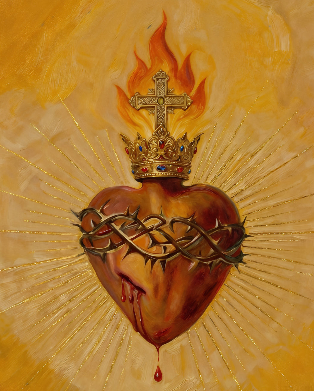 Sacred Heart of Jesus Catholic wall art close-up detail of the flaming crowned heart