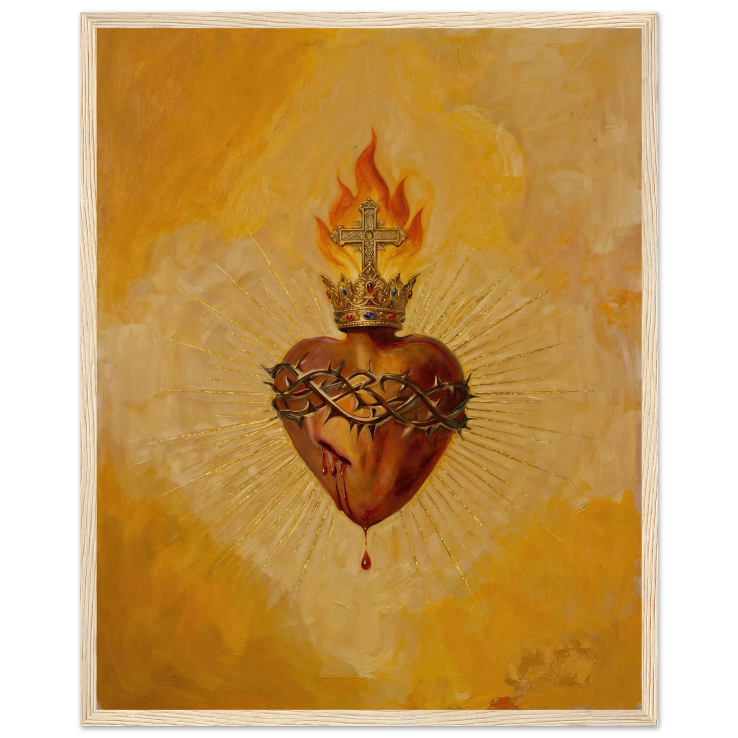 Sacred Heart of Jesus Catholic wall art detail of the framed edge