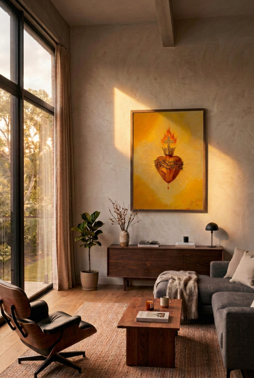 Sacred Heart of Jesus Catholic wall art in a natural wood frame